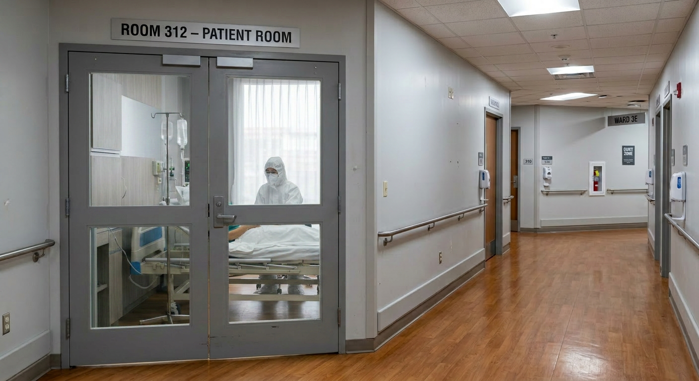 Firefly_A hospital corridor with a closed glass-paneled double door labeled -ROOM 312 – PATIE 181087