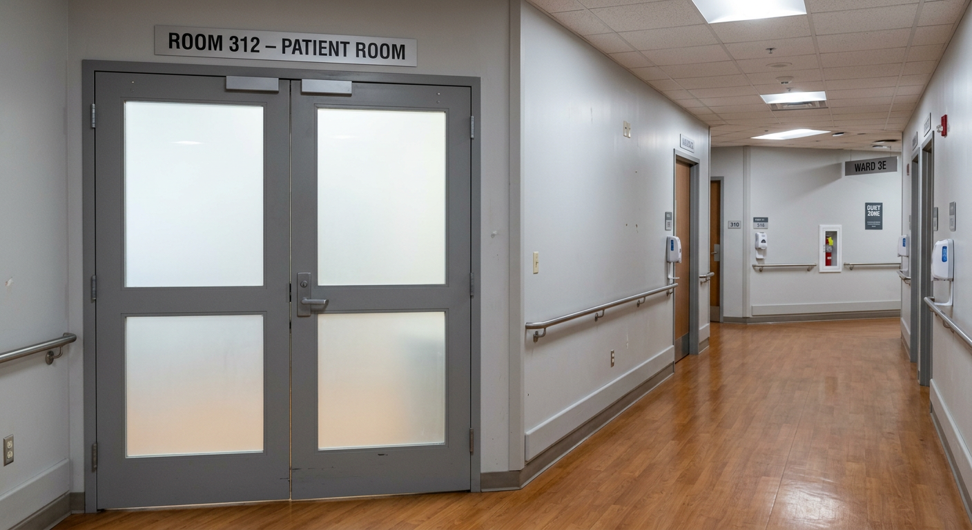 Firefly_Gemini Flash_A hospital corridor with a closed glass-paneled double door labeled -ROOM 312 – PATIE 181087